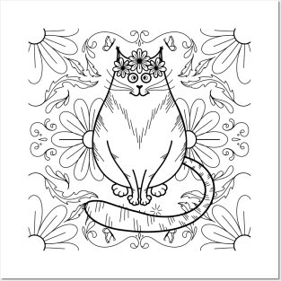 Cute Floral Fat Cat Posters and Art